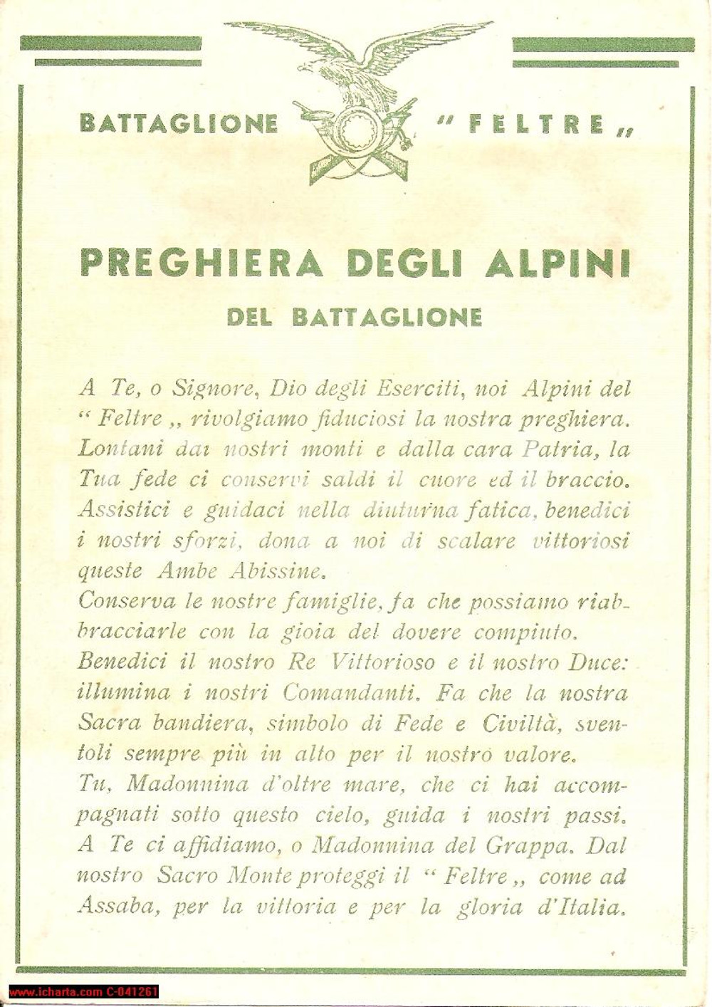 Cartolina originale da collezione 1940 FELTRE BL Preghiera Alpini battaglione Feltre 1
