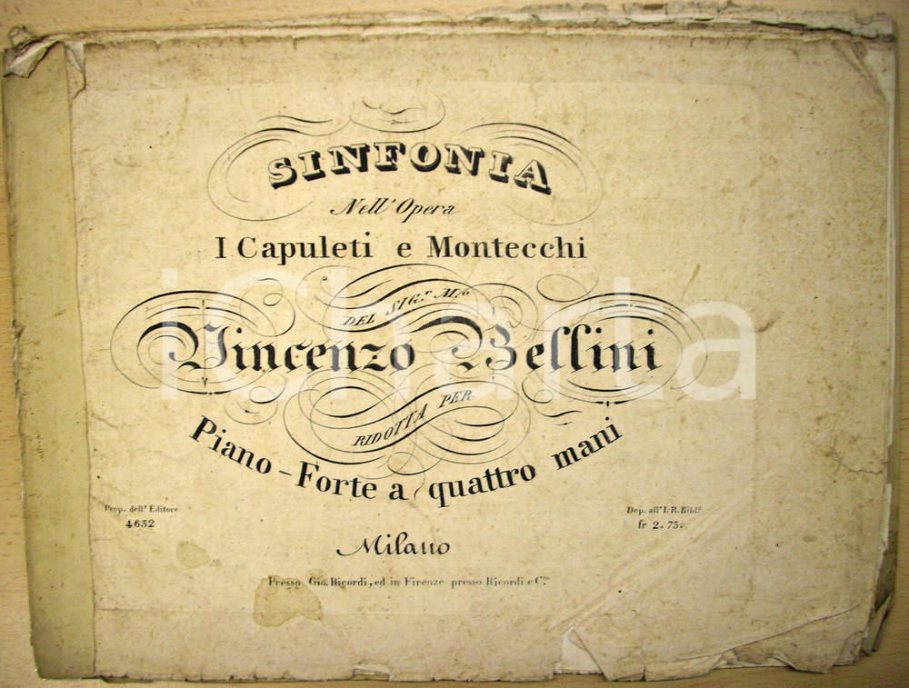 Oggetto da collezione cartaceo 1830 ca Vincenzo BELLINI I Capuleti e Montecchi  Spartito RICORDI 1