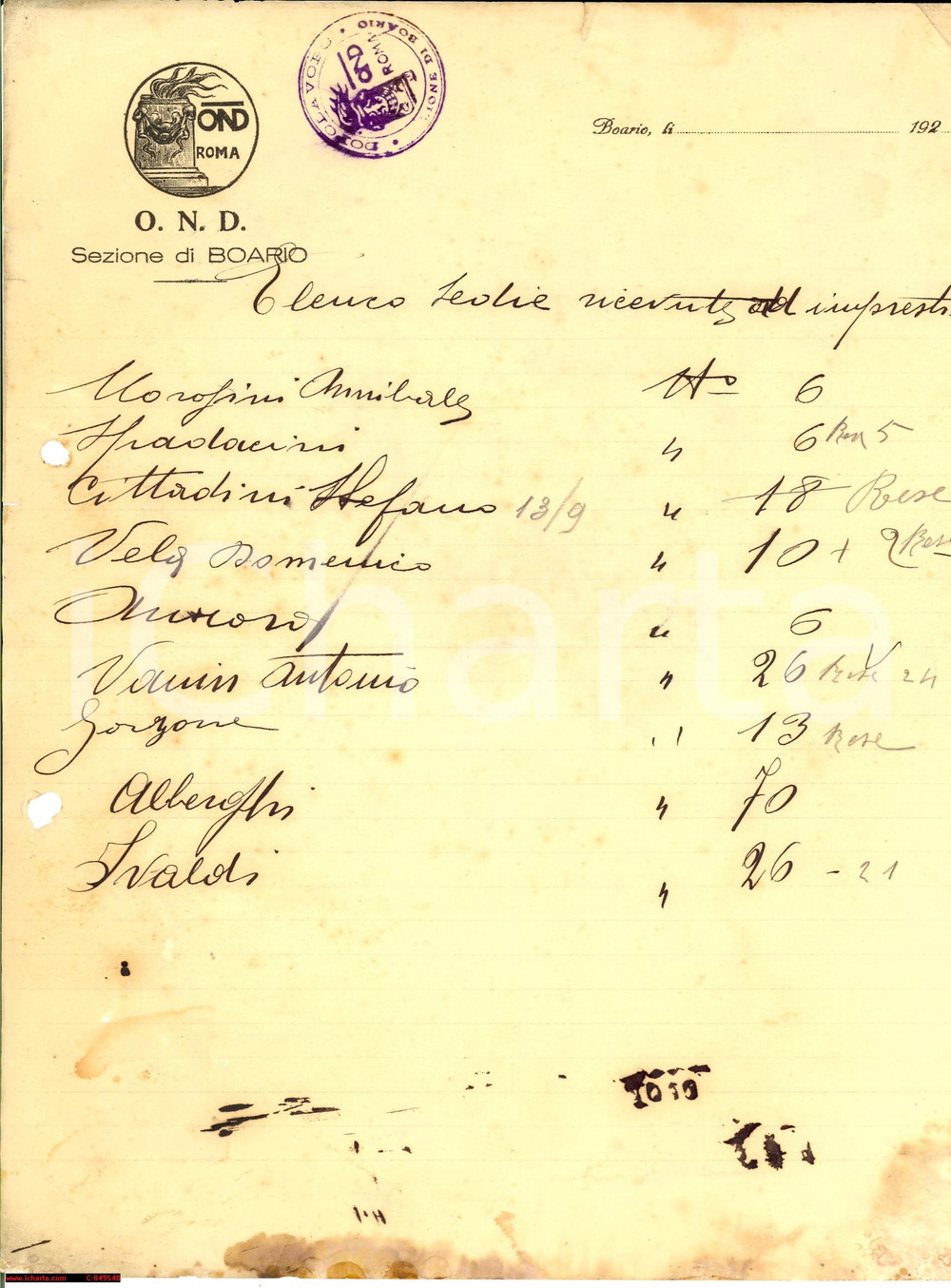 Documento originale, autentico 1920 OND BOARIO TERME BS Elenco sedie ad imprestito 1