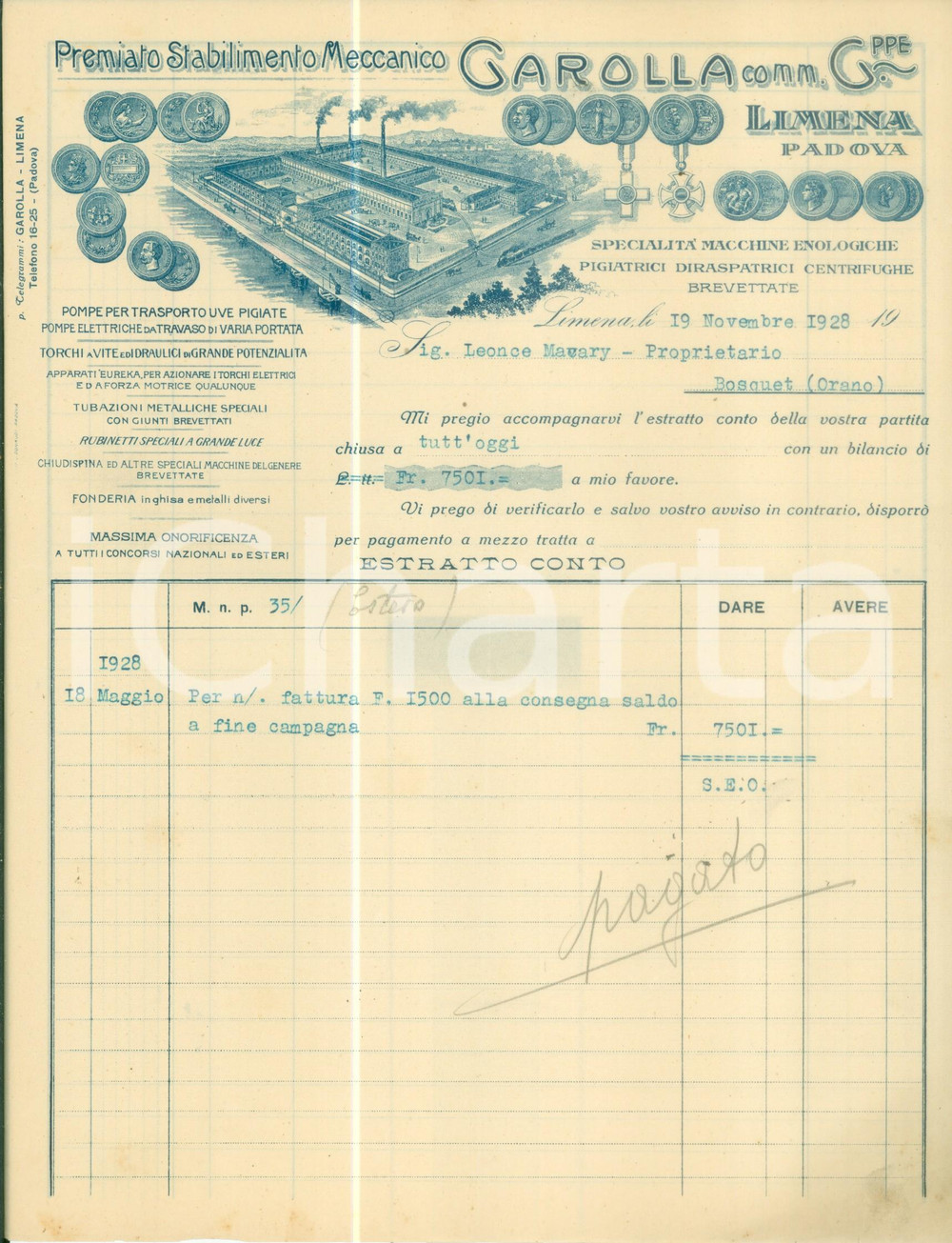 Documento originale, autentico 1928 LIMENA Società Anonima Giuseppe GAROLLA Macchine enologiche Fattura 1