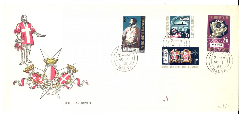 Materiale pubblicitario d’epoca 1968 STORIA POSTALE MALTA IV Centenary death of LA VALETTE First day of issue 1
