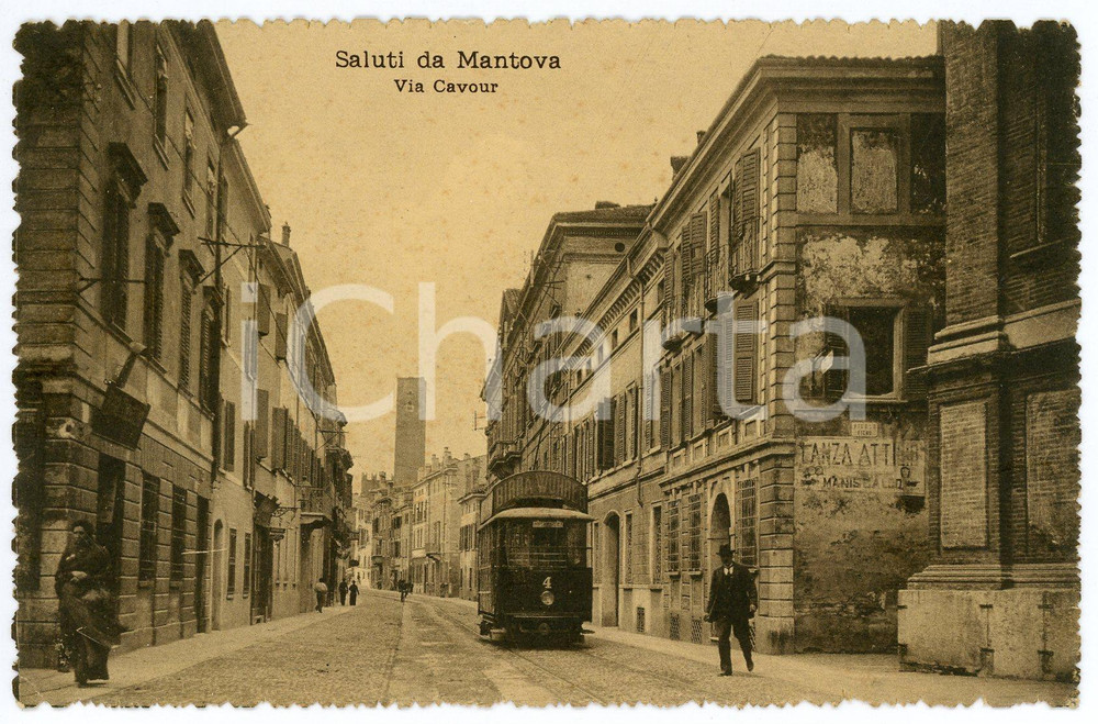 Cartolina originale da collezione 1920 ca MANTOVA Via Cavour Insegna Attilio LANZA Maniscalco e tram BIRRA WUHRER 1