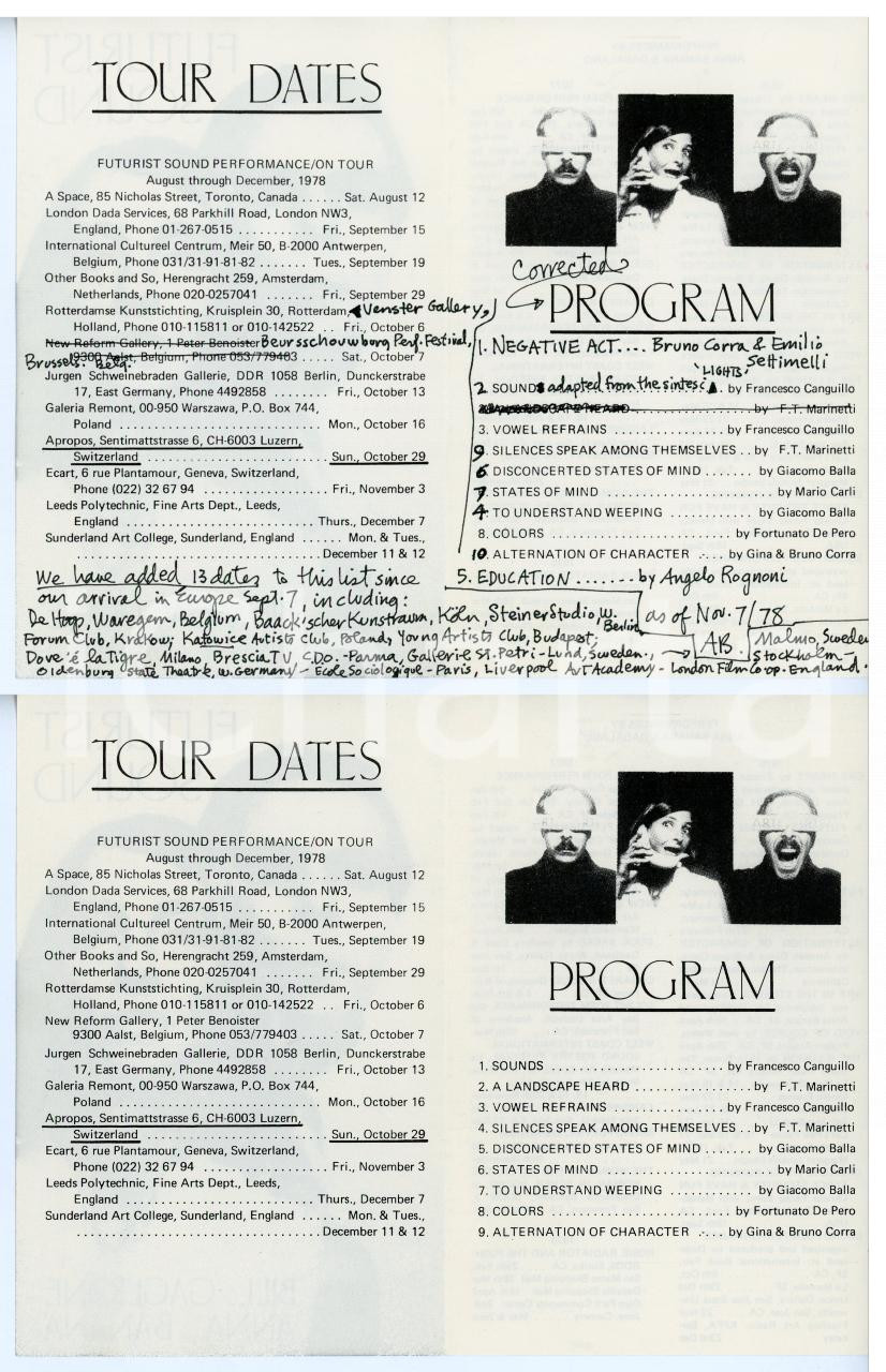 Autografo originale 1978 Anna BANANA Bill GAGLIONE Futurist sound TOUR Lotto 2 pieghevoli AUTOGRAFO 1