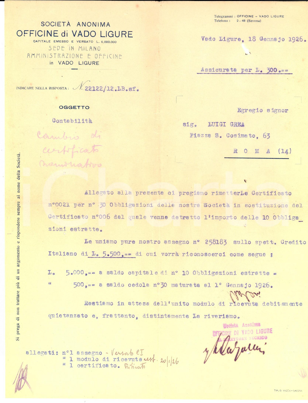 Manoscritto, lettera originale 1926 VADO LIGURE Società Anonima Officine Lettera a un cliente per obbligazioni 1