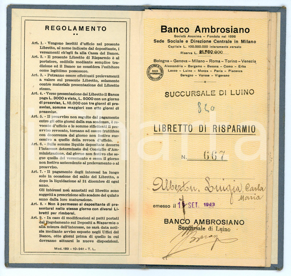 Oggetto da collezione cartaceo 1943 LUINO  BANCO AMBROSIANO Libretto di risparmio 9x17 cm 1