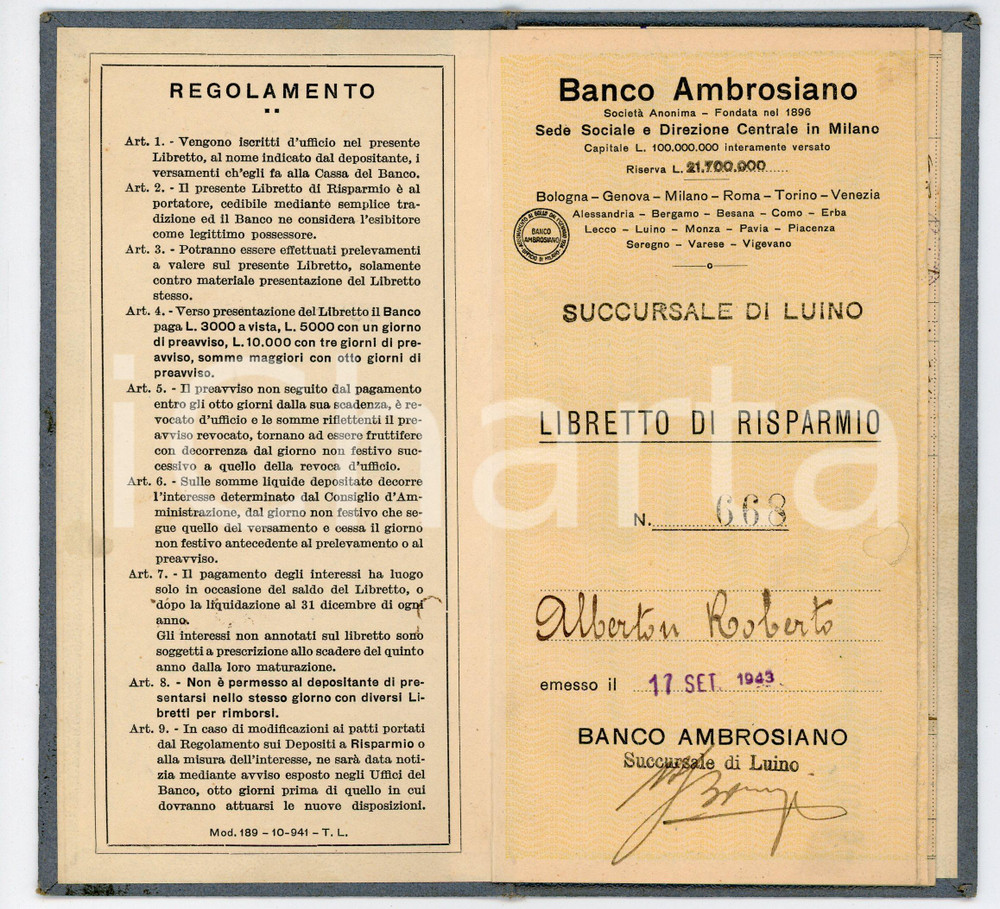 Oggetto da collezione cartaceo 1943 LUINO  BANCO AMBROSIANO Libretto di risparmio 9x17 cm 1 1
