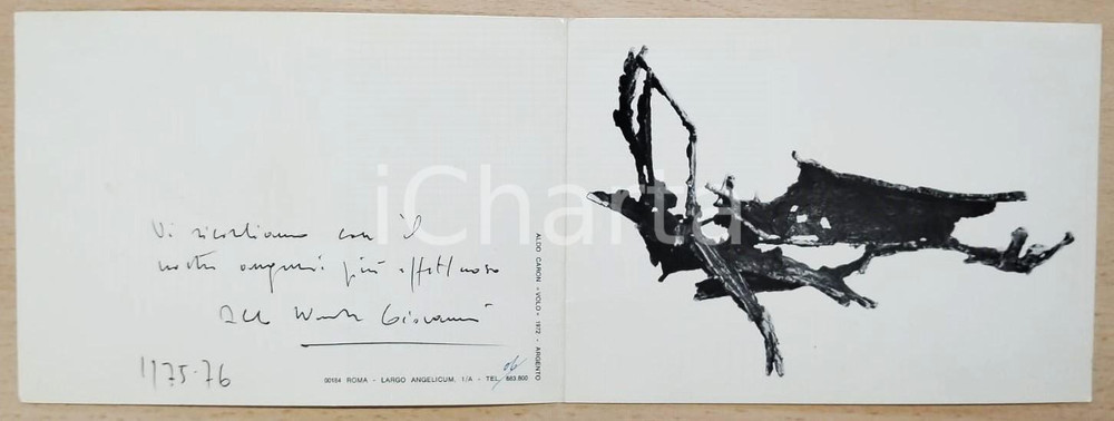 Autografo originale 1975 ROMA Scultore Aldo CARON Biglietto di auguri AUTOGRAFO 19x13 cm 1