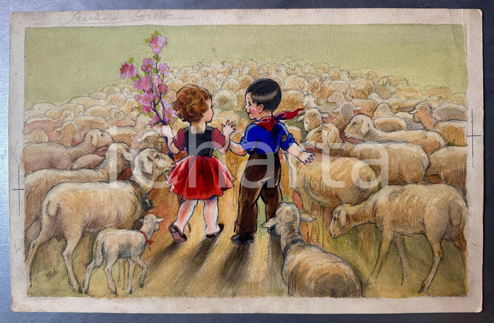Opera d’arte autentica 1925 ca Artista Adolfo BUSI  Bambini  Gregge di pecore Bozzetto NON FIRMATO 1