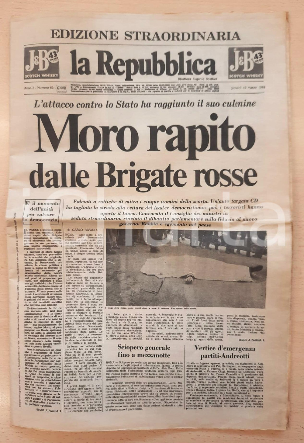 Giornale, rivista storica 1978 LA REPUBBLICA Aldo Moro rapito dalle Brigate Rosse Rassegna stampa 1