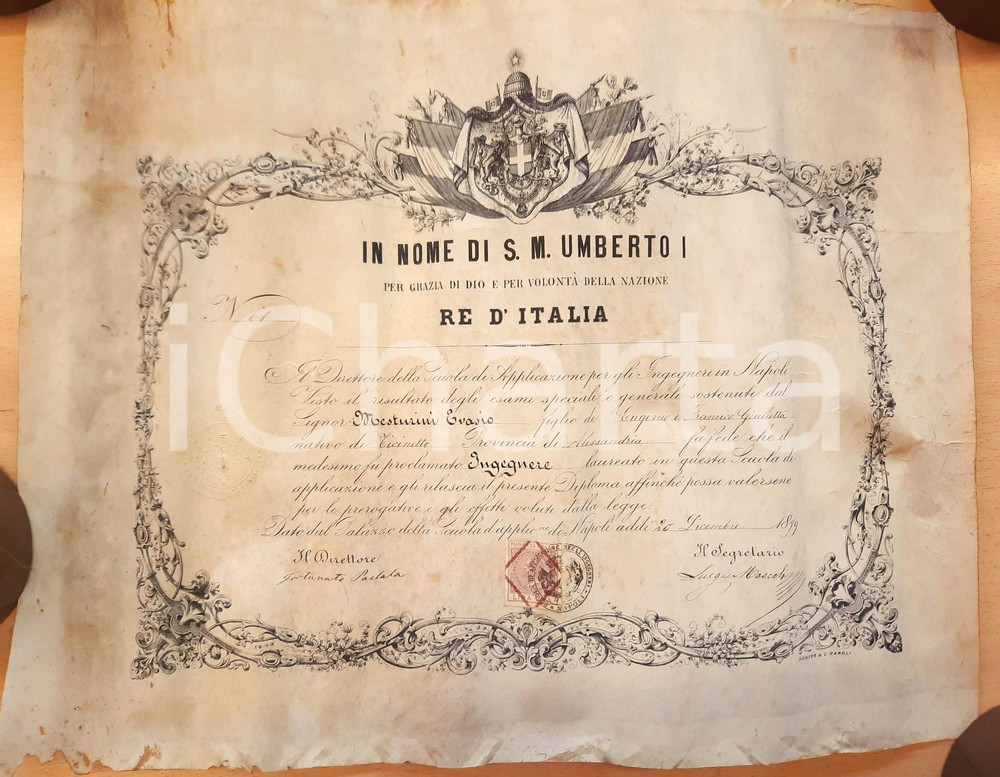 Documento originale, autentico 1879  NAPOLI Scuola Applicazione Ingegneri  Laurea Evasio MESTURINI Pergamena 1