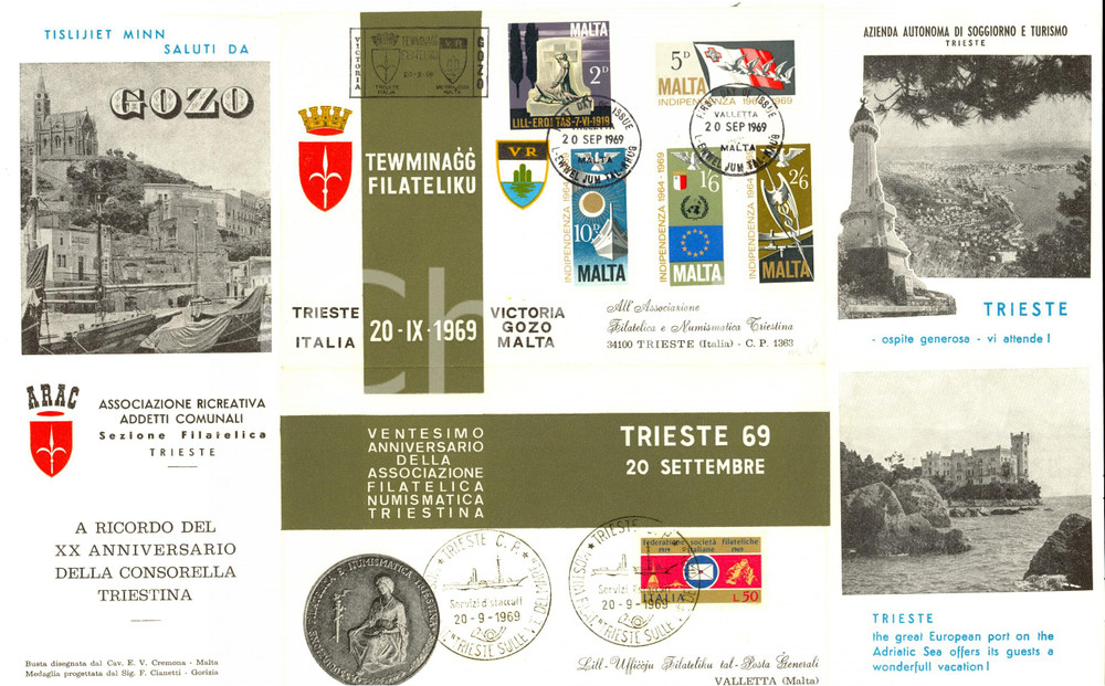Materiale pubblicitario d’epoca 1969 STORIA POSTALE XX Anniversario Associazione Filatelica TRIESTINA Busta 1