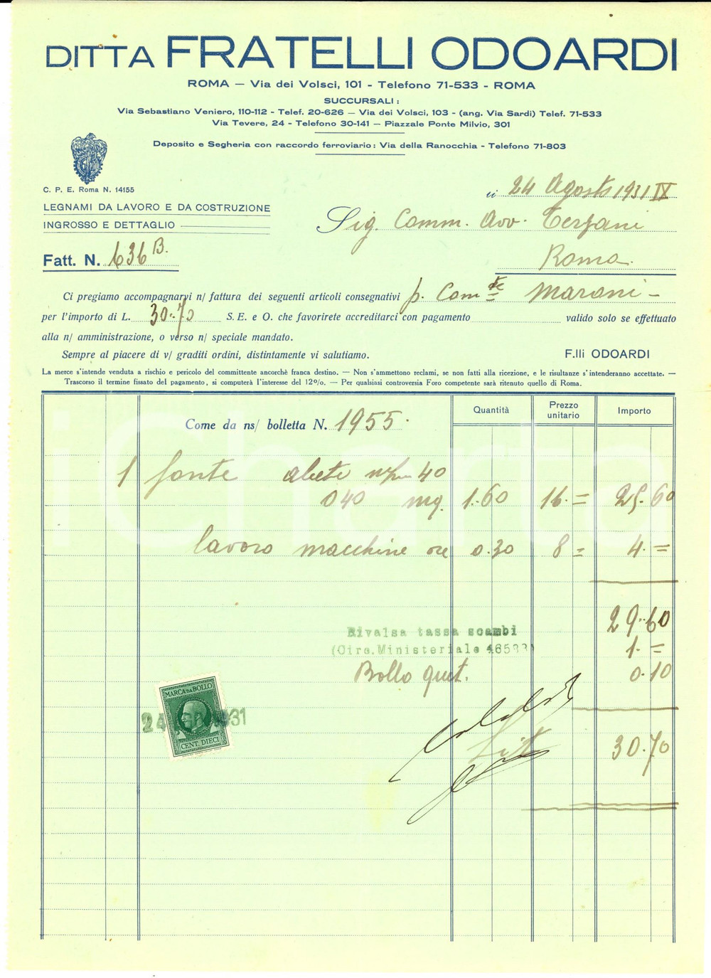 Documento originale, autentico 1931 ROMA Ditta FRATELLI ODOARDI Legnami da lavoro Fattura intestata 1
