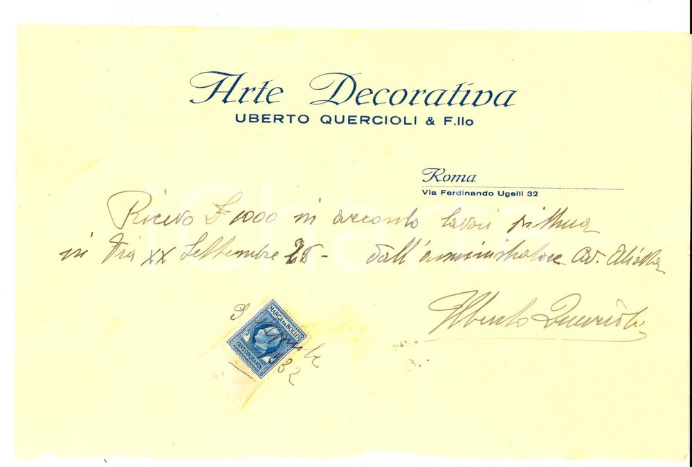 Documento originale, autentico 1932 ROMA Arte Decorativa Uberto QUERCIOLI & Fratello Fattura intestata 1