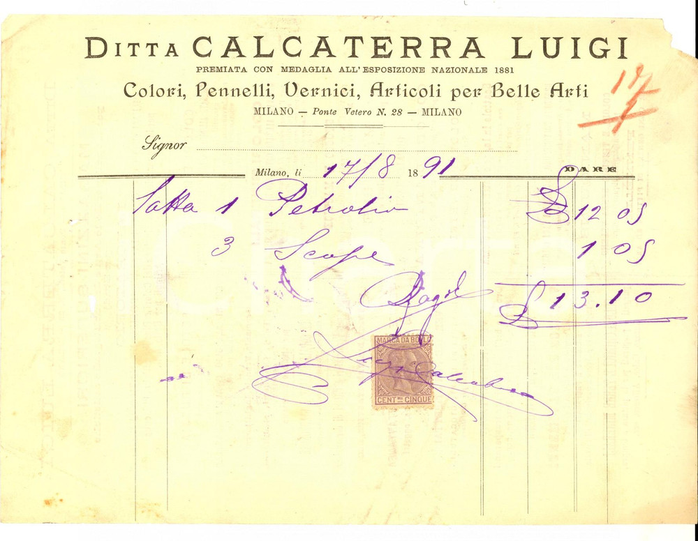 Documento originale, autentico 1891 MILANO Ditta Luigi CALCATERRA Vernici e articoli per Belle Arti Fattura 1