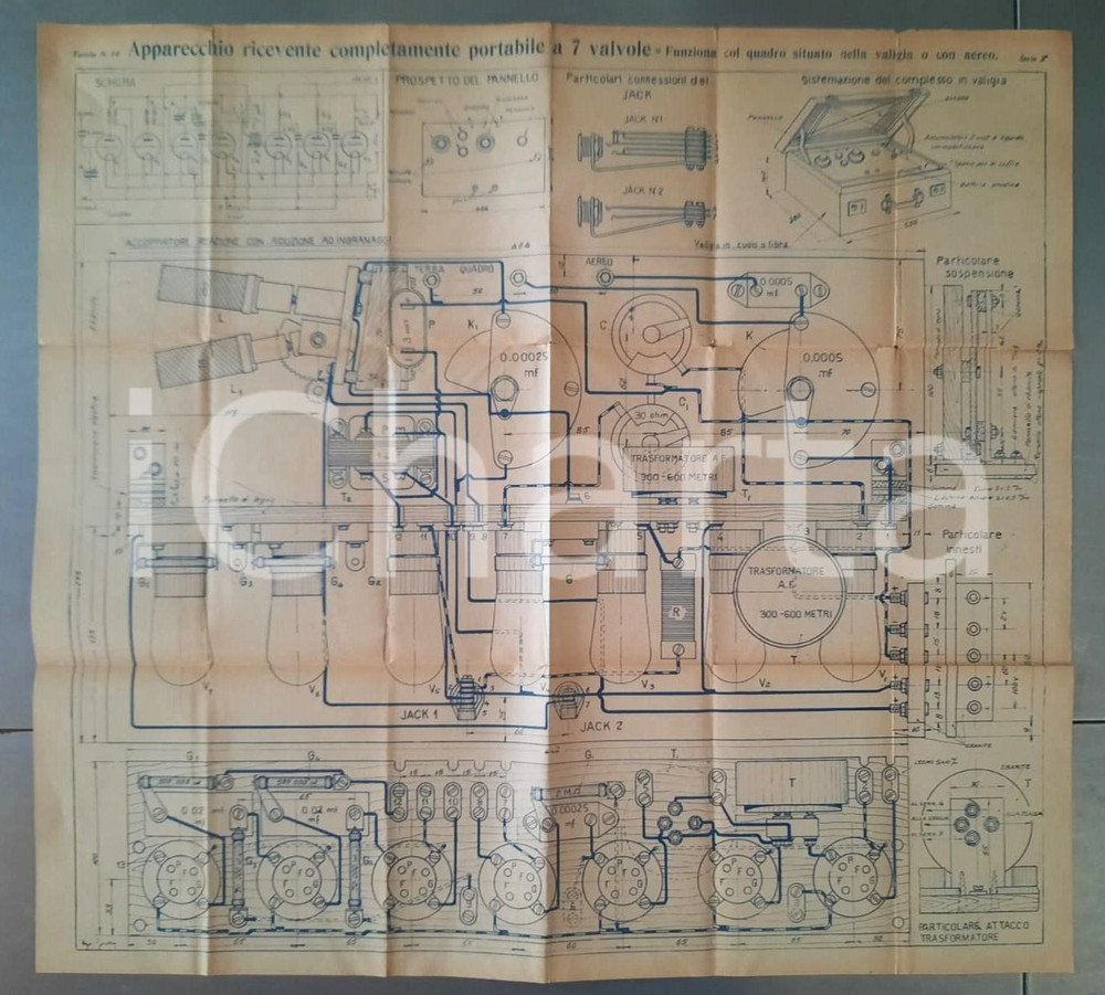Materiale pubblicitario d’epoca 1910 ca RADIO Apparecchio ricevente portabile 7 valvole Schema 55x55 cm 1