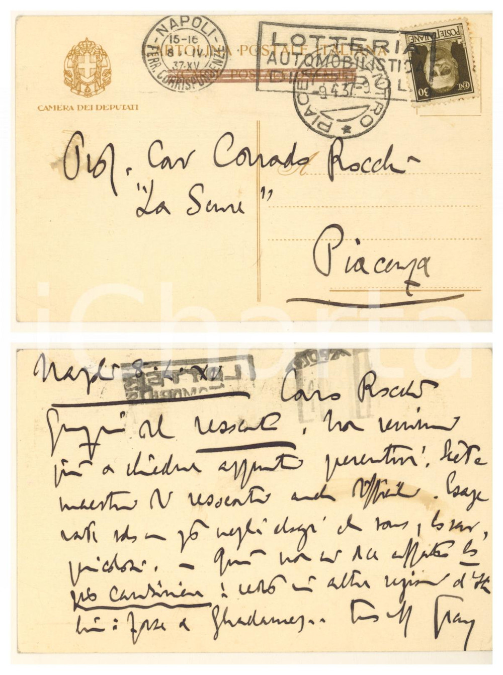 Autografo originale 1937 NAPOLI Cartolina on. Ezio Maria GRAY  Ringraziamenti ed elogi AUTOGRAFO 1