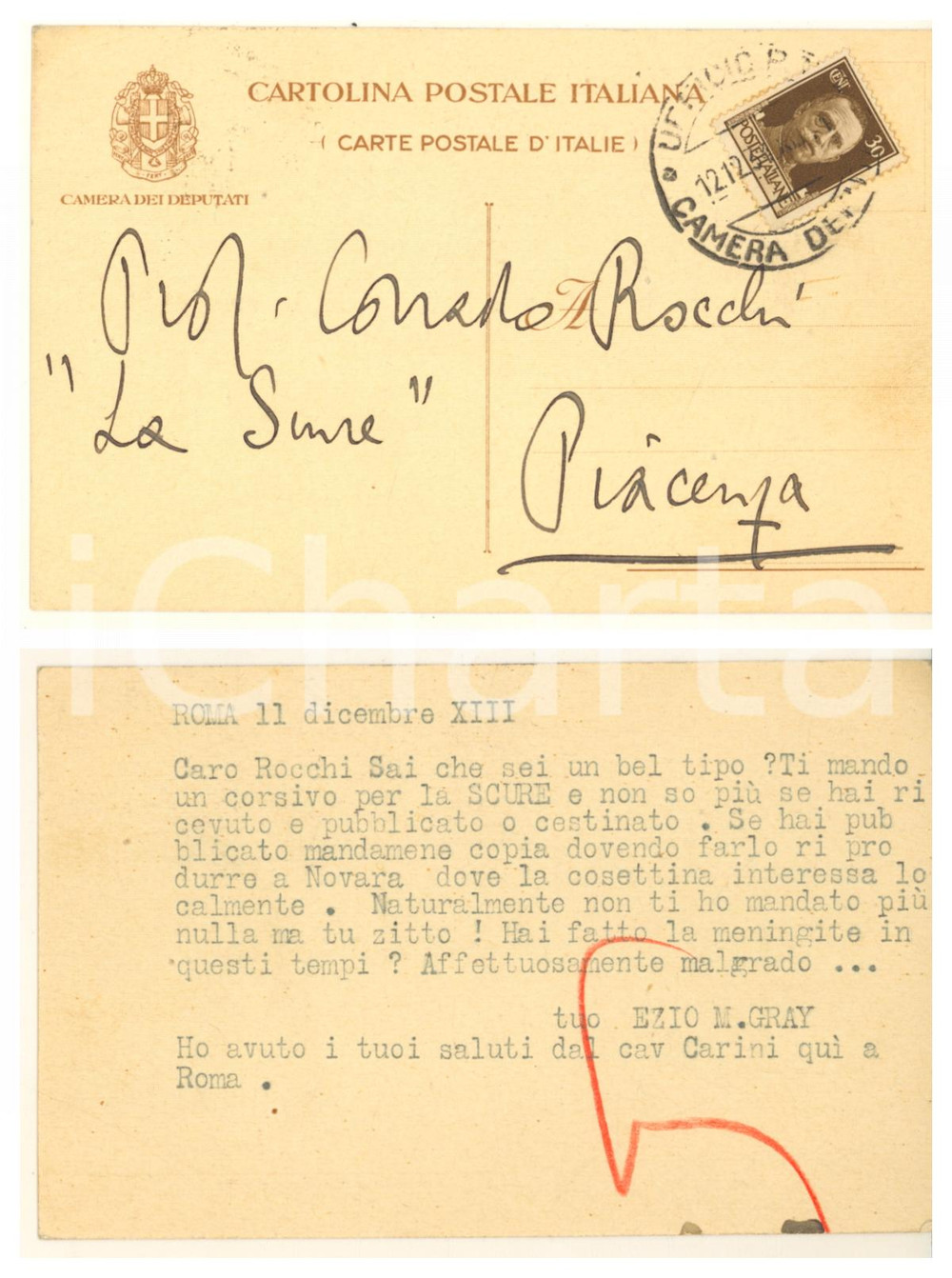 Autografo originale 1935 ROMA Cartolina on. Ezio Maria GRAY a Corrado ROCCHI AUTOGRAFO 1