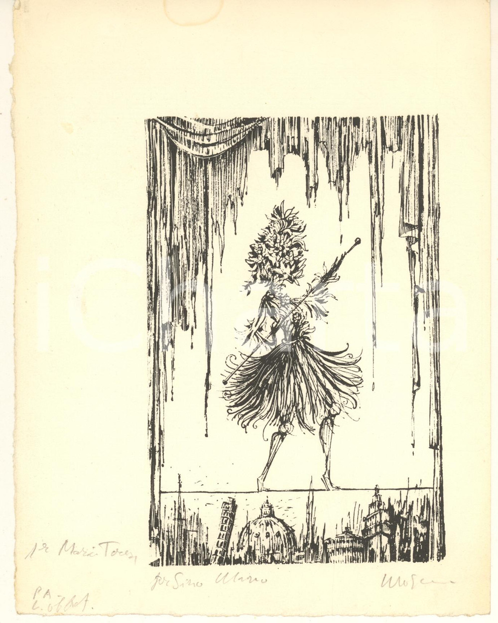 Opera d’arte autentica 1980 ca ARTE Ludovico MOSCONI  Figura con momunenti Litografia FIRMATA P.d.A. 1