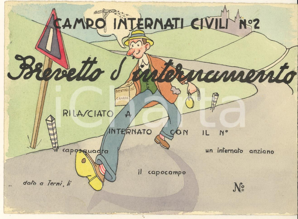 Opera d’arte autentica 1945 ca WW2 TERNI  Campo Internati Civili n° 2  Brevetto Disegno acquerellato 1