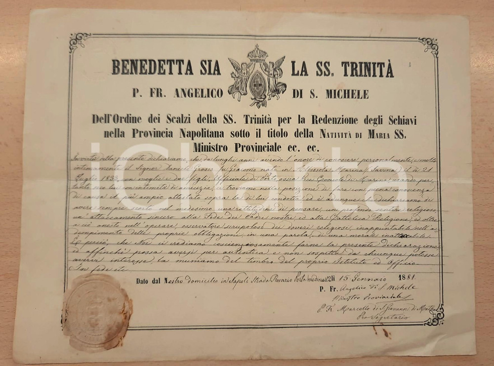 Documento originale, autentico 1881 NAPOLI Natività Maria SS.  Attestato moralità e condotta Daniele GROSSO 1