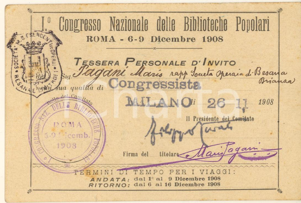 Oggetto da collezione cartaceo 1908 ROMA I° Congresso Nazionale delle Biblioteche Popolari  Tessera d invito 1