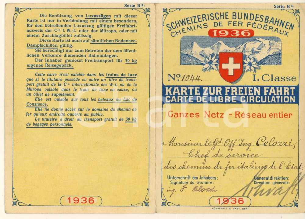 Oggetto da collezione cartaceo 1936 SCHWEIZERISCHE BUNDESBAHNEN Karte zur Freien Fahrt Con mappa 1