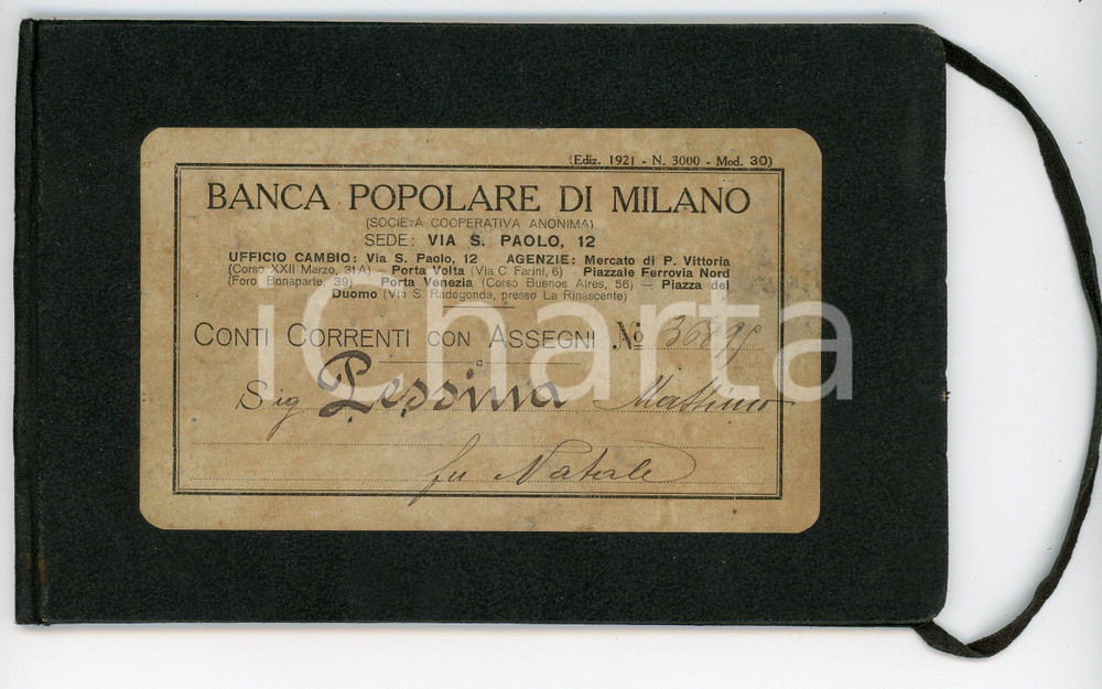 Oggetto da collezione cartaceo 1922 BPM Banca Popolare MILANO Libretto di conto corrente ad interesse 17x21 cm 1