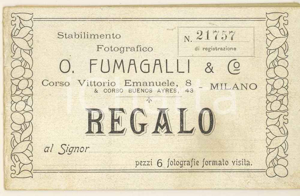 Oggetto da collezione cartaceo 1910 ca MILANO Stabilimento Fotografico O. FUMAGALLI  Tessera buoni regalo 1