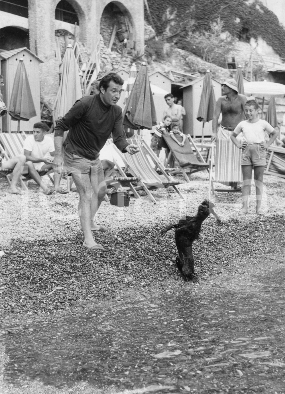 Fotografia d epoca originale 1958 SAN FRUTTUOSO Ugo TOGNAZZI gioca con un cane in spiaggia  Foto RARA 1