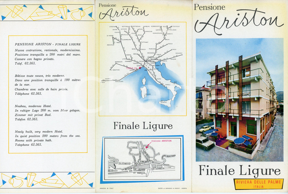 Materiale pubblicitario d’epoca 1965 ca FINALE LIGURE Pensione Ariston  Pieghevole pubblicitario 10x20 cm 1