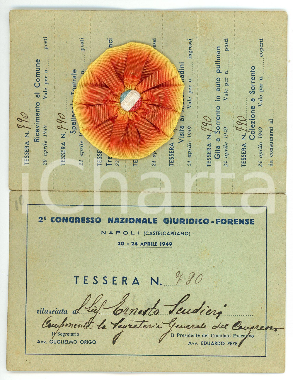 Oggetto da collezione cartaceo 1949 NAPOLI 2° Congresso giuridicoforense Tessera Ernesto SCUDIERI con coccarda 1
