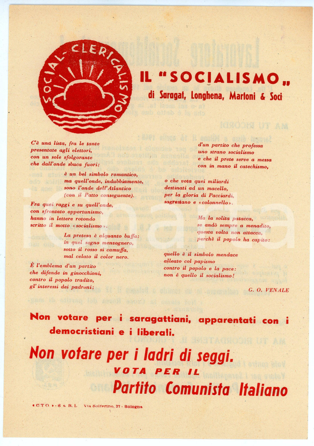 Oggetto da collezione cartaceo 1976 PCI Contro SARAGAT e il socialclericalismo Volantino PARTITO COMUNISTA 1