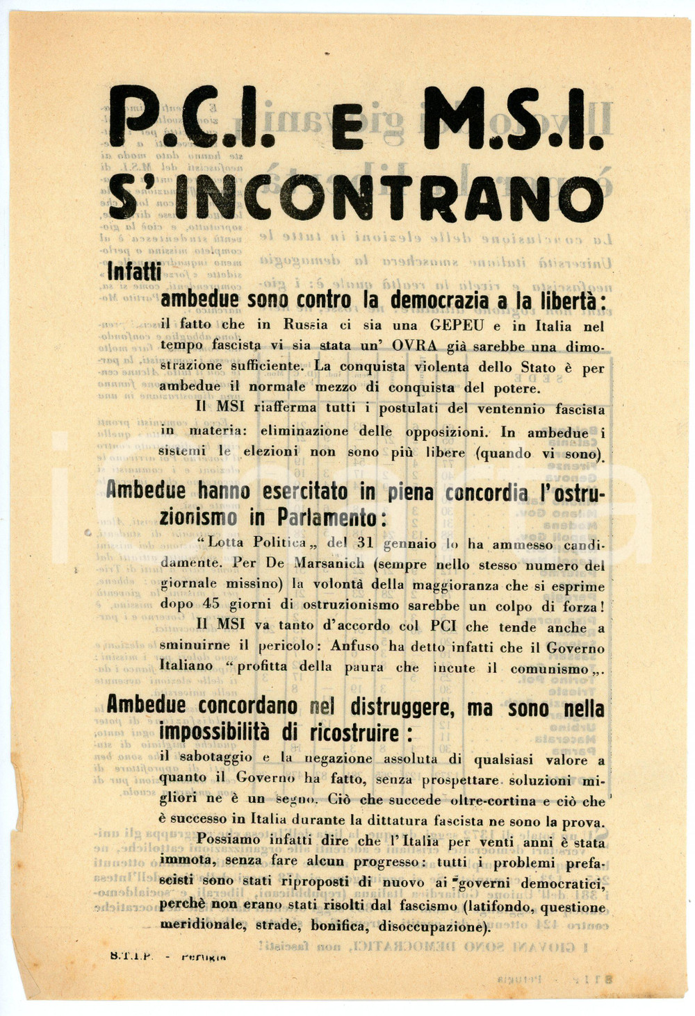 Oggetto da collezione cartaceo 1955 ca DEMOCRAZIA CRISTIANA I giovani sono democratici! PCI e MSI si incontrano 1