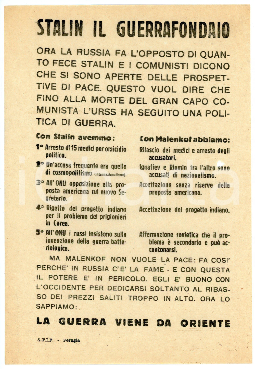 Oggetto da collezione cartaceo 1955 ca PROPAGANDA ANTICOMUNISTA Malenkov fa il contrario di Stalin  Volantino 1