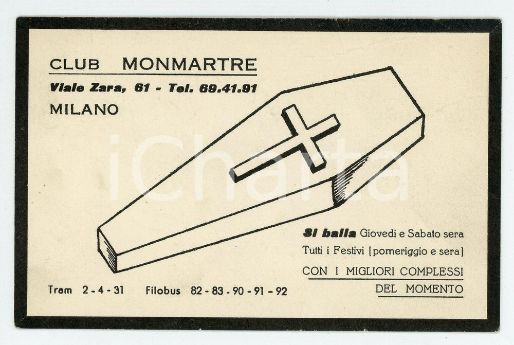 Oggetto da collezione cartaceo 1975 ca MILANO Viale Zara 61 CLUB MONMARTRE Biglietto da visita 10x6 cm 1