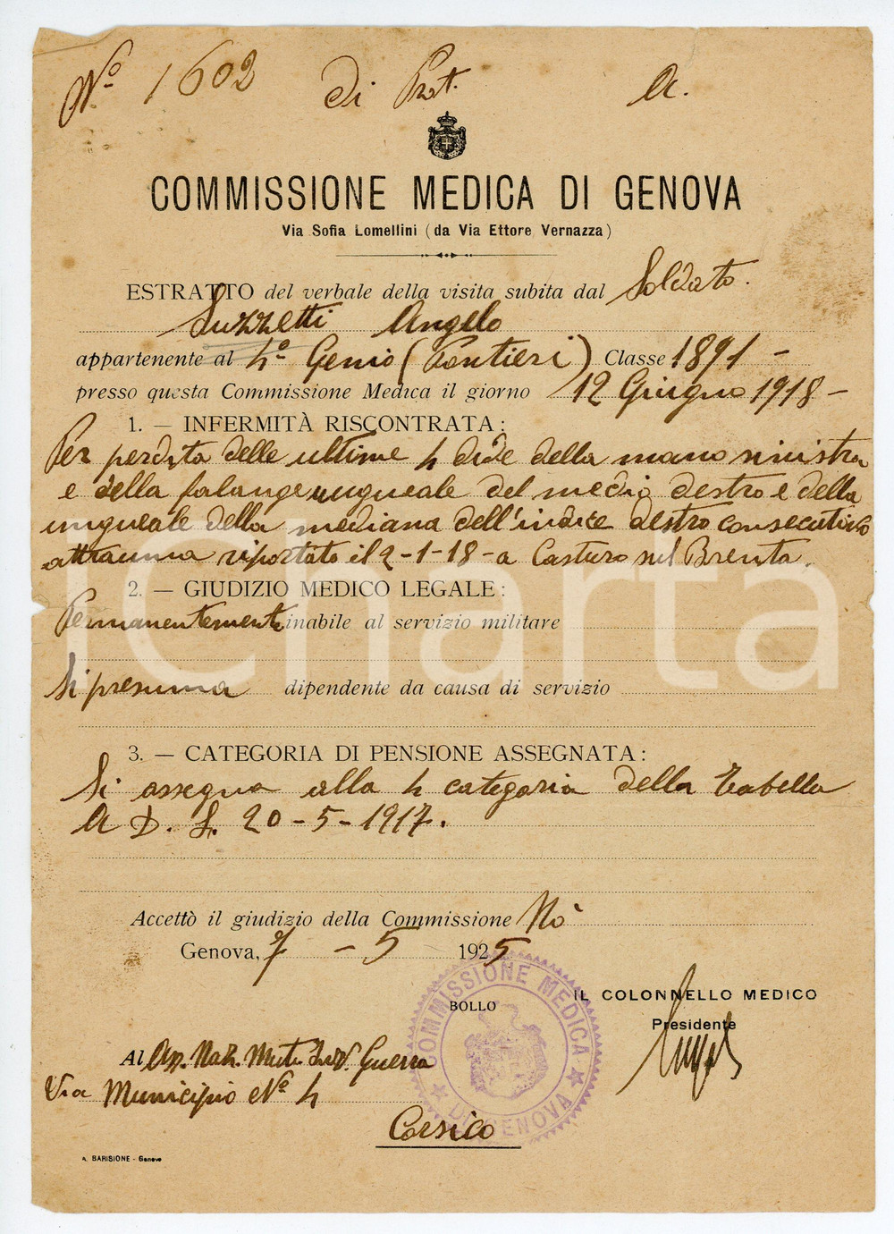 Documento originale, autentico 1910 WW1 Commissione medica di GENOVA Infermità del soldato Angelo SUZZETTI 1
