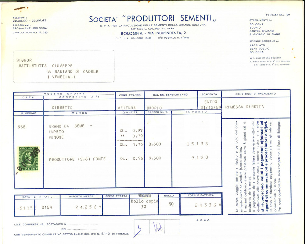 Documento originale, autentico 1959 BOLOGNA Società Produttori Sementi  Ordine grano da seme 2 1