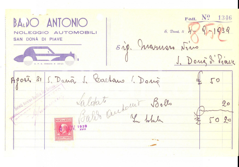 Documento originale, autentico 1939 SAN DONA  DI PIAVE Antonio BALDO noleggio automobili Fattura bolli 1