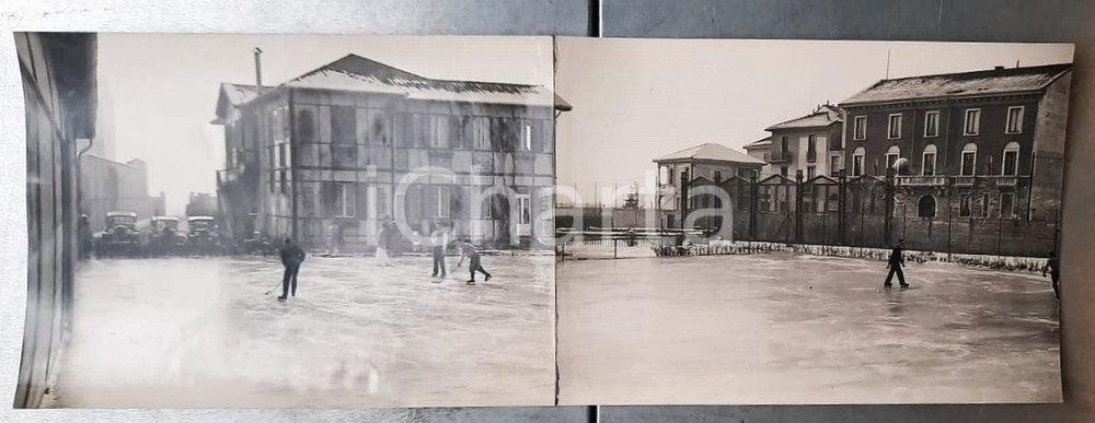 Fotografia d epoca originale 1935 MILANO Viale Espinasse  Nuovo campo per hockey e pattinaggio Foto doppia 1