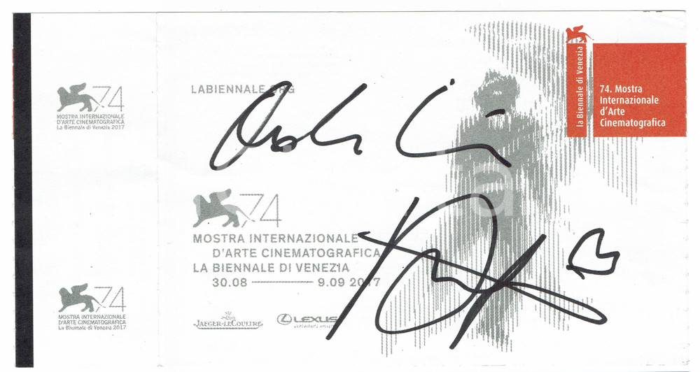Autografo originale 2017 Adriano GIANNINI e Valeria GOLINO Autografi originali su biglietto BIENNALE 1