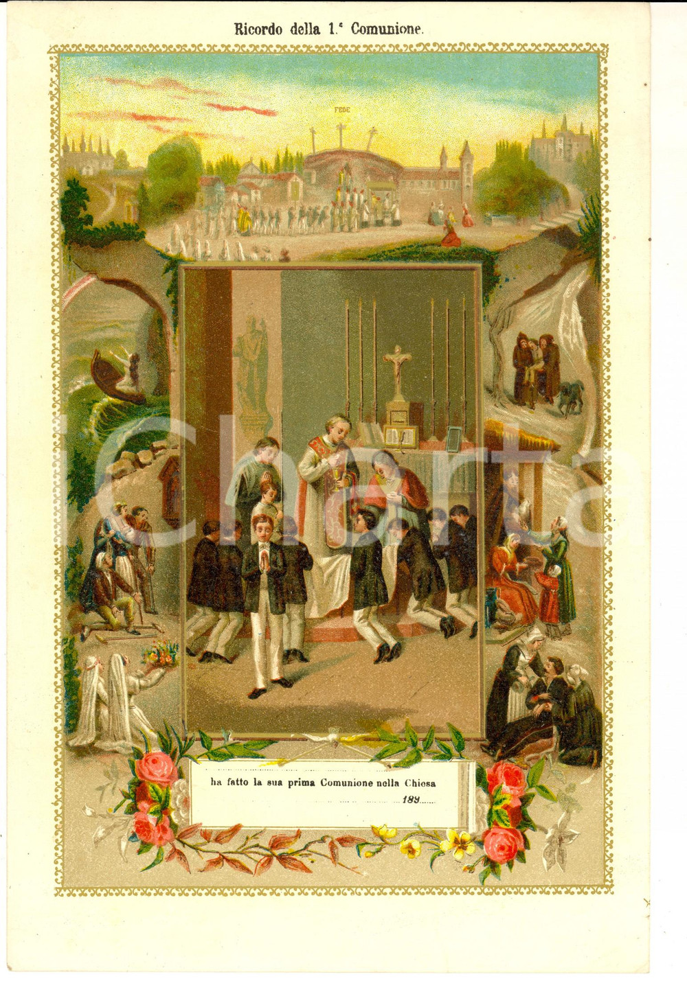 Documento originale, autentico 1890 ca AREA LOMBARDA Ricordo della Prima Comunione Bambini 18x24 1