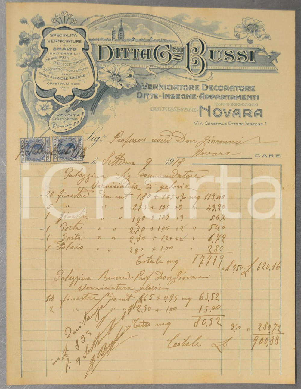 Documento originale, autentico 1911 NOVARA Giovanni BUSSI Verniciatore e decoratore  Fattura ILLUSTRATA 1