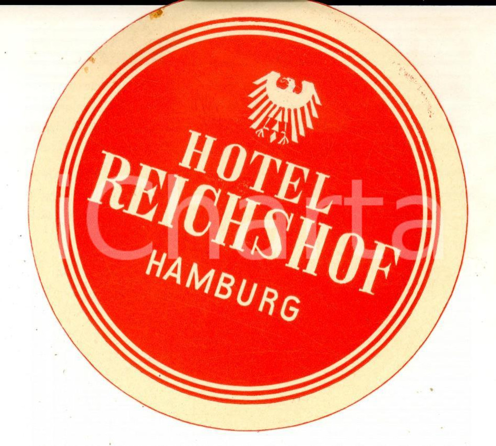 Materiale pubblicitario d’epoca 1950 ca HAMBURG GERMANY Hotel REICHSHOF Etichetta pubblicitaria 10 cm 1