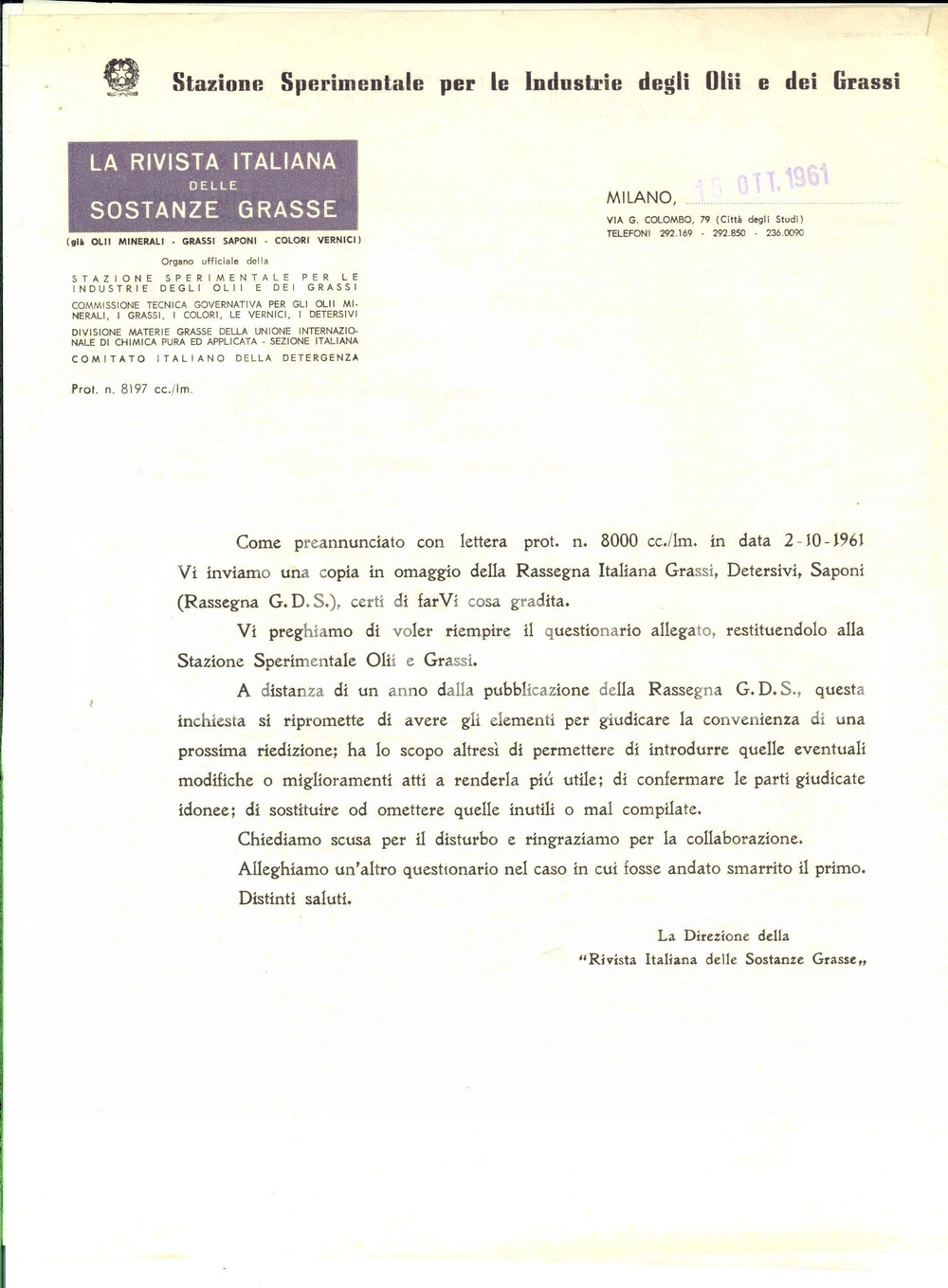 Materiale pubblicitario d’epoca 1961 MILANO Rivista Italiana delle Sostanze Grasse  Questionario per i clienti 1