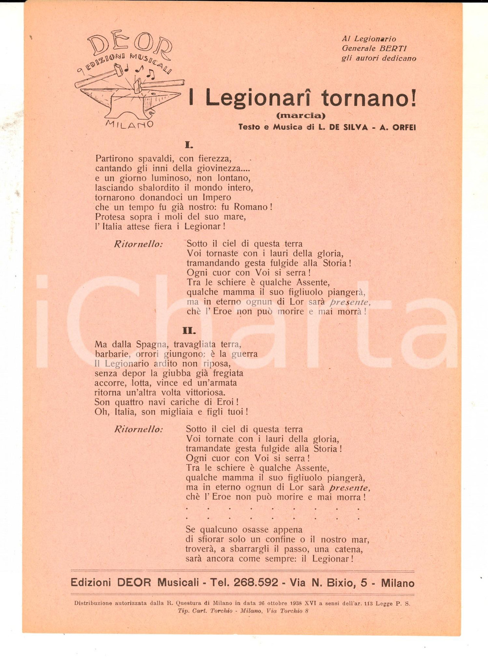 Oggetto da collezione cartaceo 1938 L. DE SILVA A. ORFEI I Legionari tornano!  Volantino con testo canzone 1