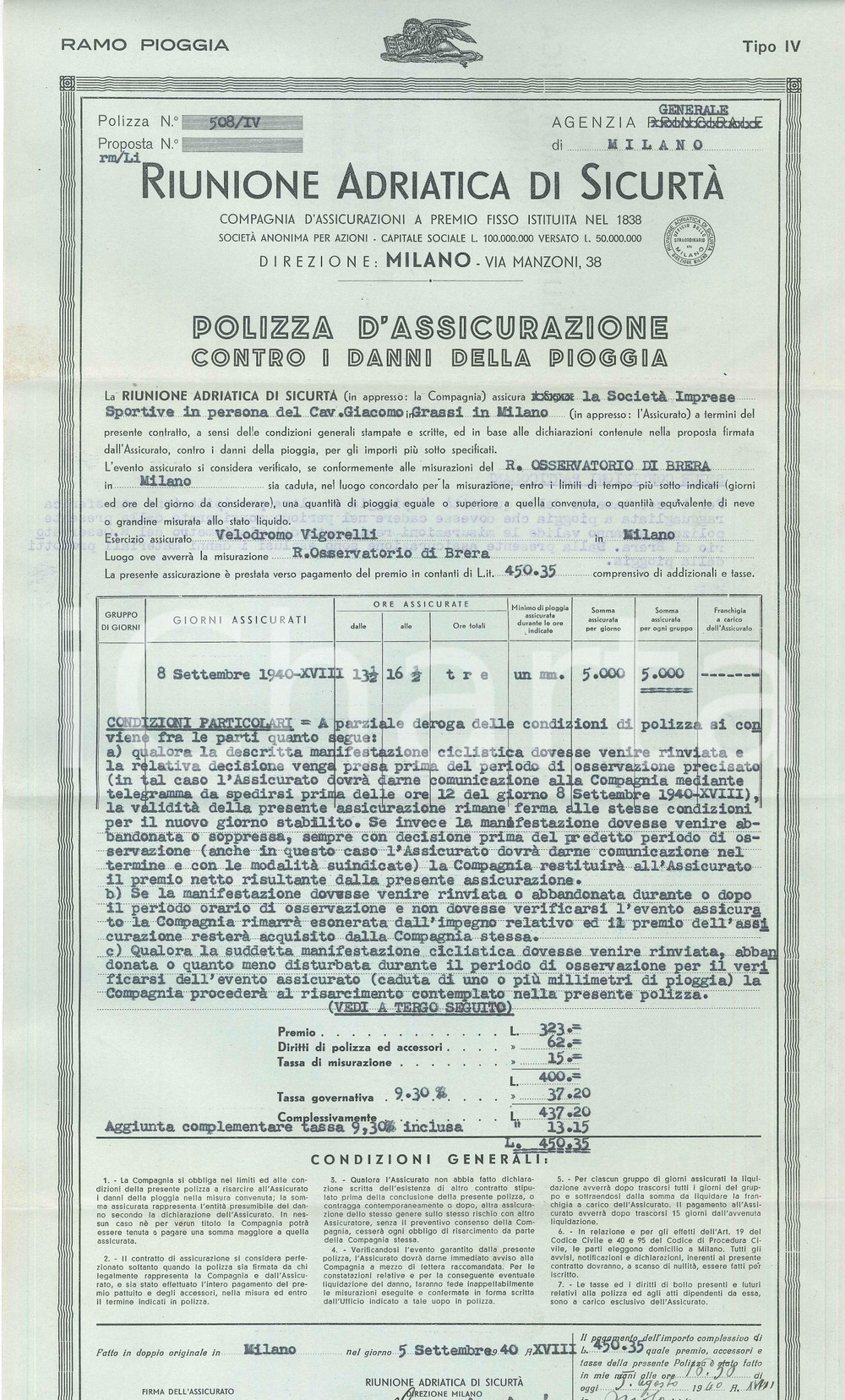 Documento originale, autentico 1940 RIUNIONE ADRIATICA DI SICURTA  Polizza gara CICLISMO Vigorelli MILANO 1