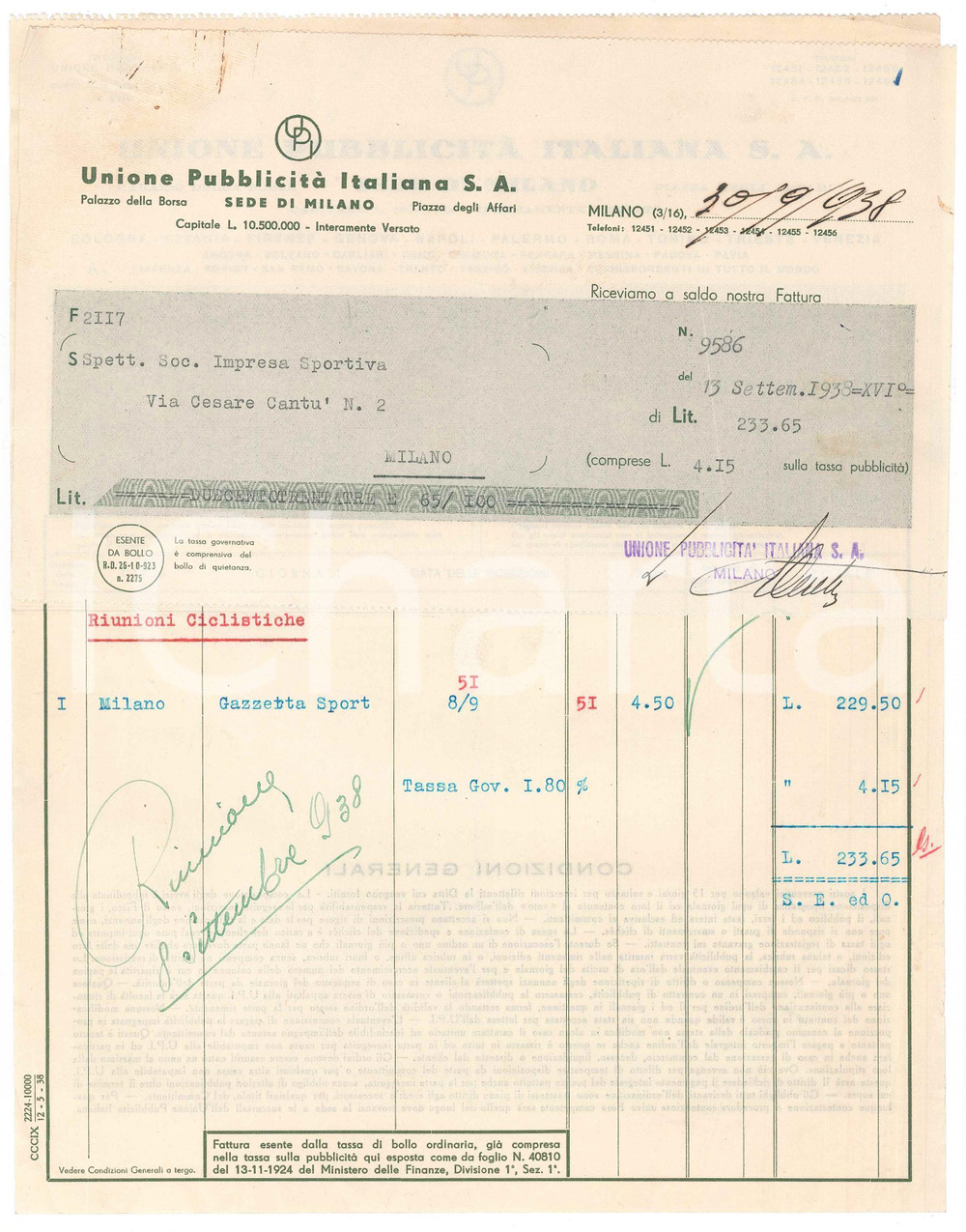 Documento originale, autentico 1938 MILANO Unione Pubblicità  Italiana  Fattura inserzioni gare CICLISMO 2 1