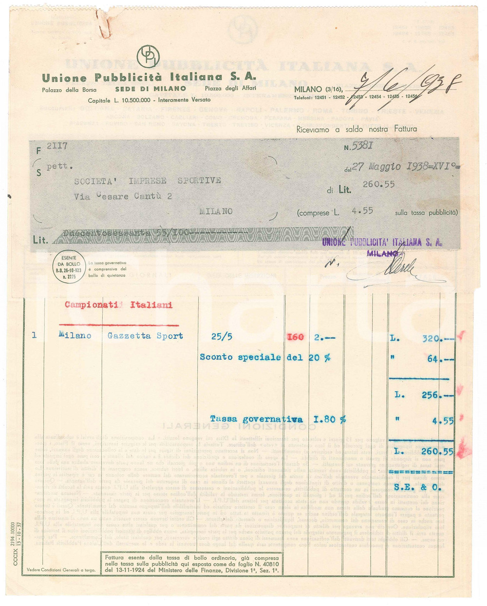 Documento originale, autentico 1938 MILANO Unione Pubblicità  Italiana  Fattura inserzioni gare CICLISMO 3 1