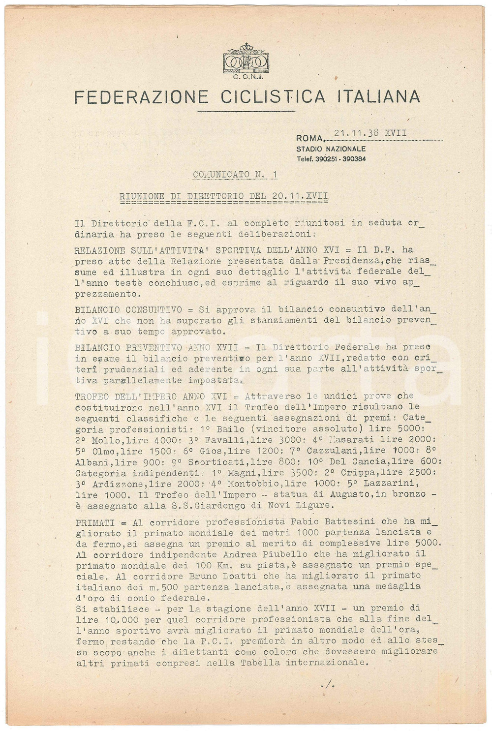 Documento originale, autentico 1938 CONI Federazione Ciclistica Italiana CT Costante GIRARDENGO Comunicato 1