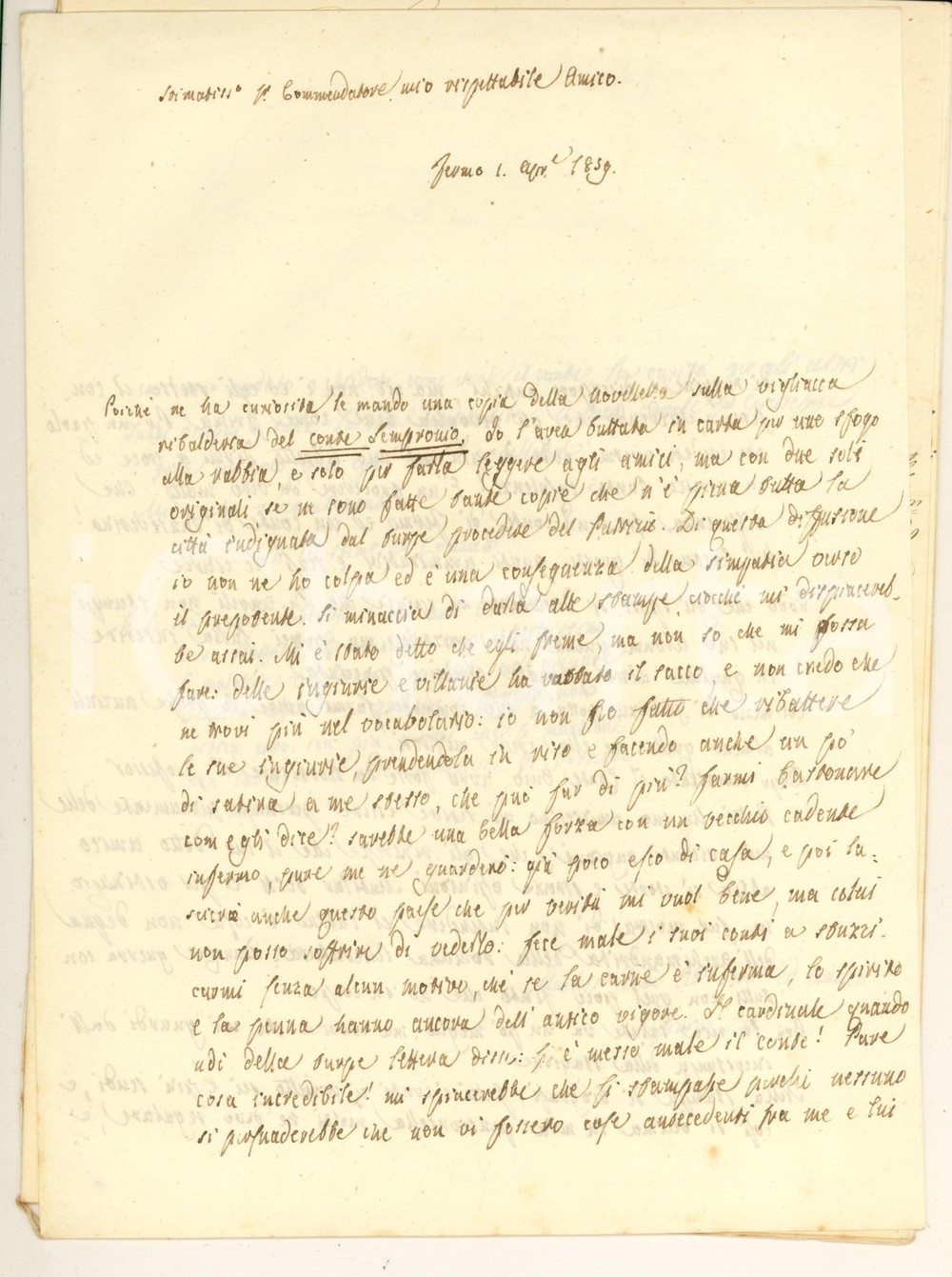 Autografo originale 1859 FERMO Zeffirino RE  Novelletta contro il conte Sempronio Autografo 1